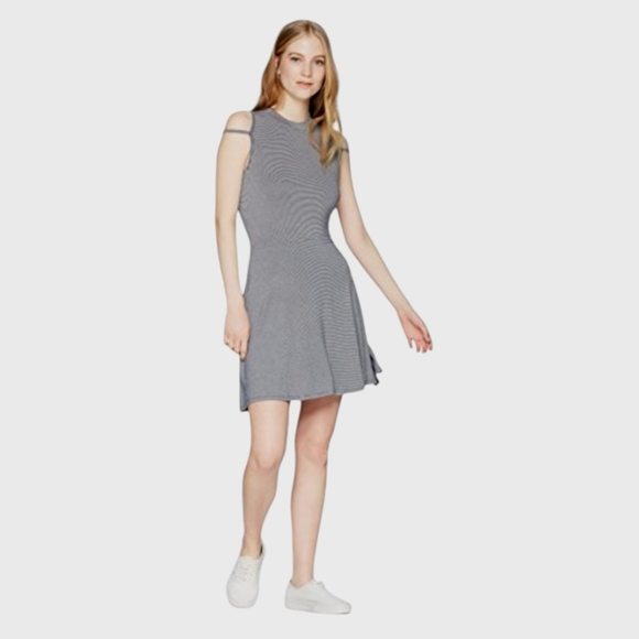 Volcom Women's Open Arms Cold Shoulder‎ Navy Stripe Dress Large - Picture 1 of 7